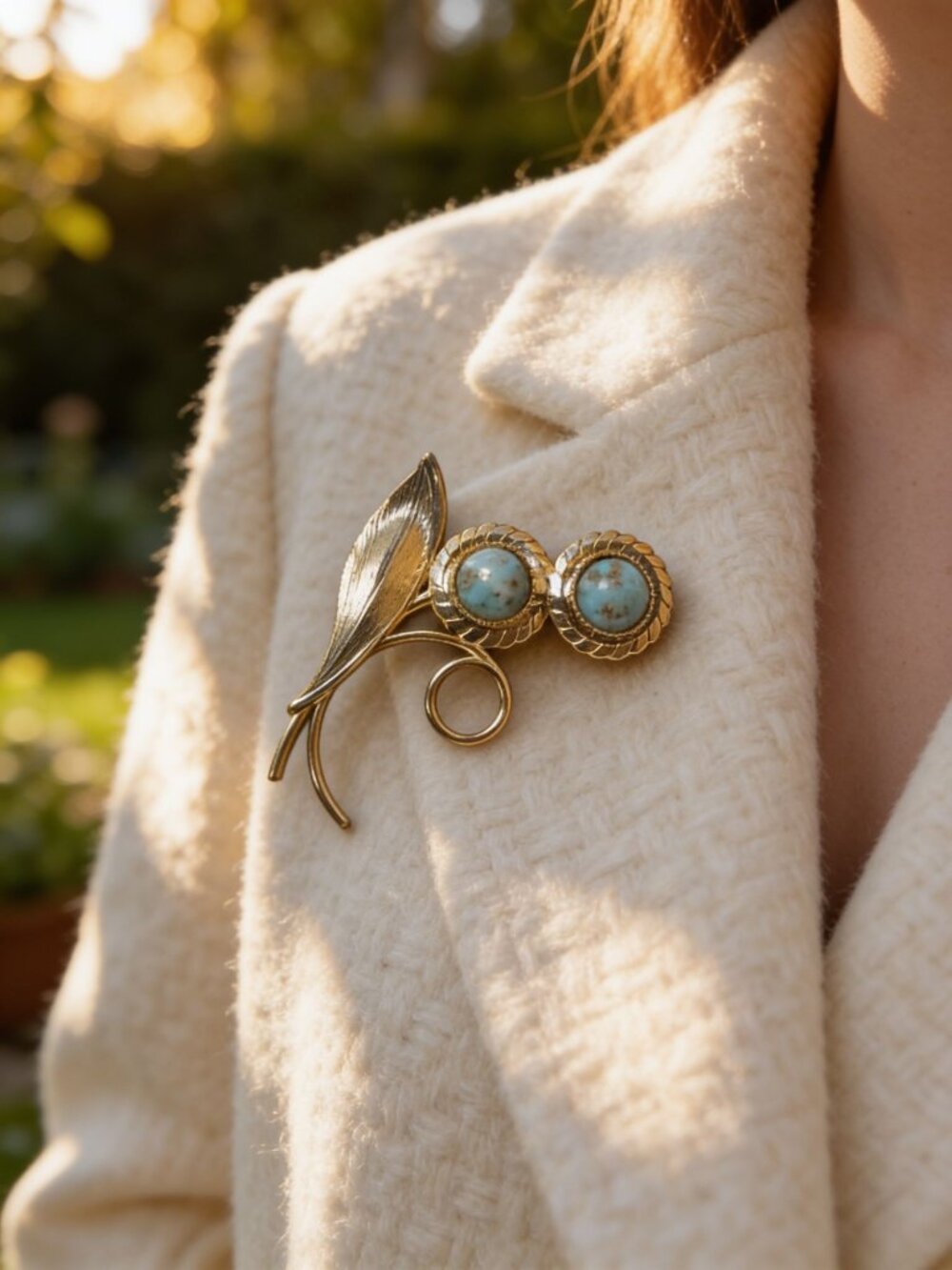 Vintage Simulated Turquoise and Goldtone Floral Brooch